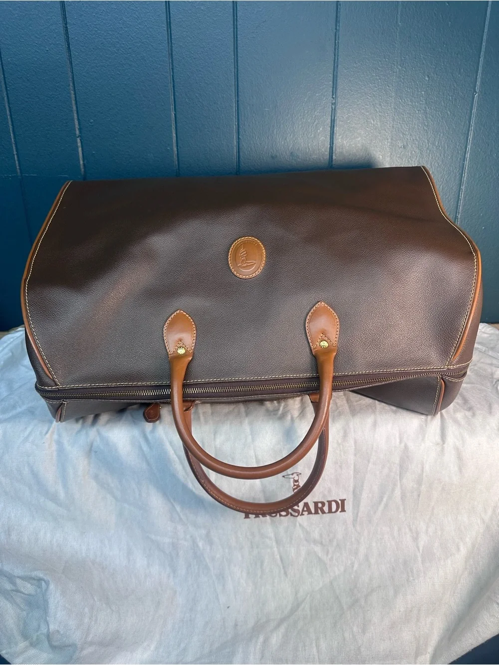 Vintage Brown Trussardi Collezione Crespo Boston Duffle Travel Bag Made In Italy